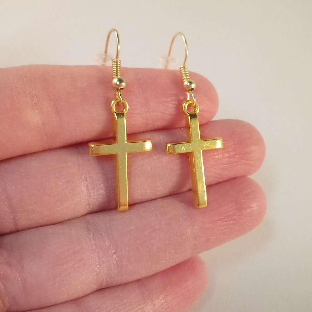 Men's Yellow Gold Plated Cross Dangle Earrings Hypoallergenic Party Gift